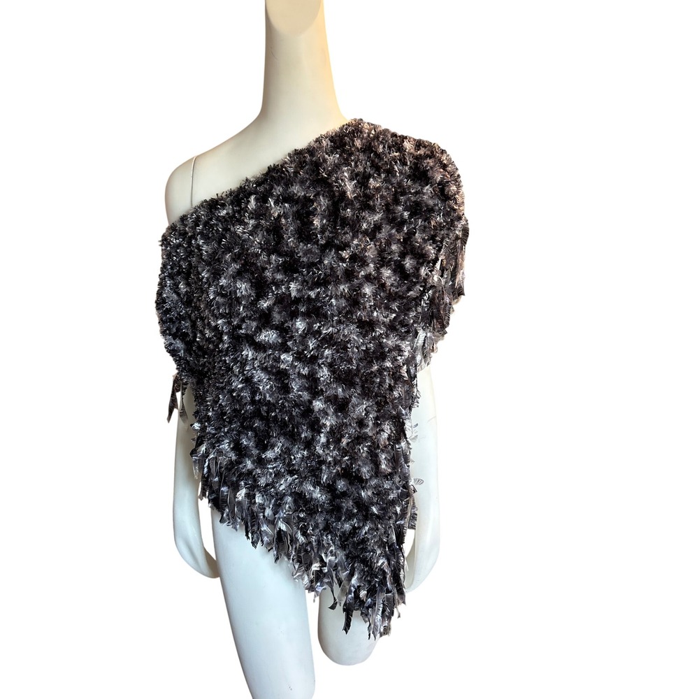 Handmade One Shoulder Poncho Wrap Black Silver Metallic Eyelash Knit Fringe